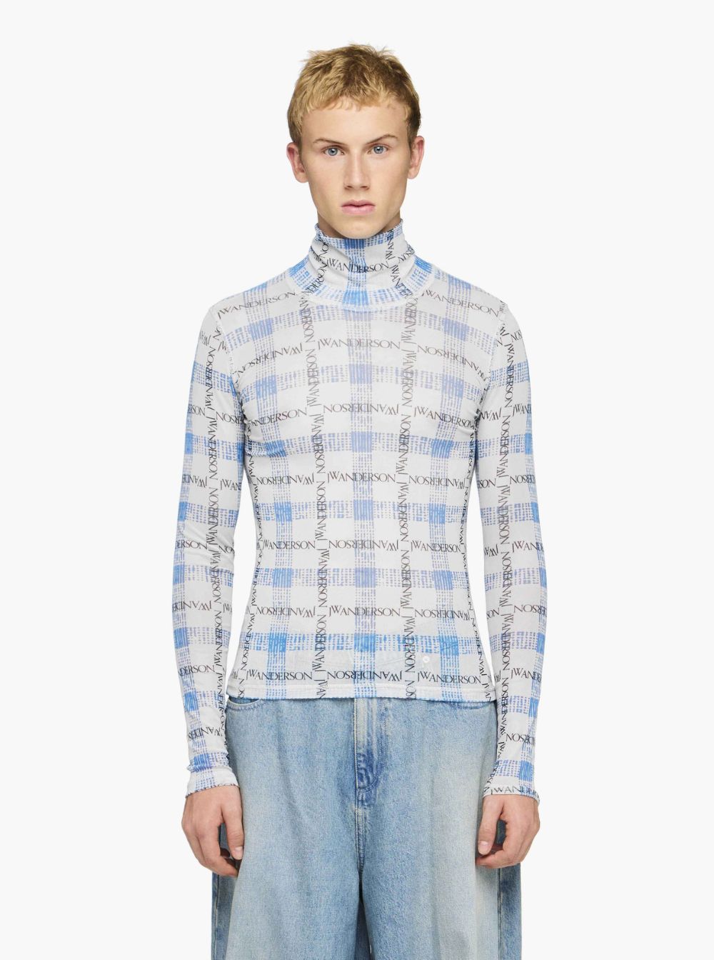 Jw Anderson Men Light Blue Turtleneck T-Shirt With All-Over Check Motif And All-Over Logo Print In Tech Fabric Stretch Man