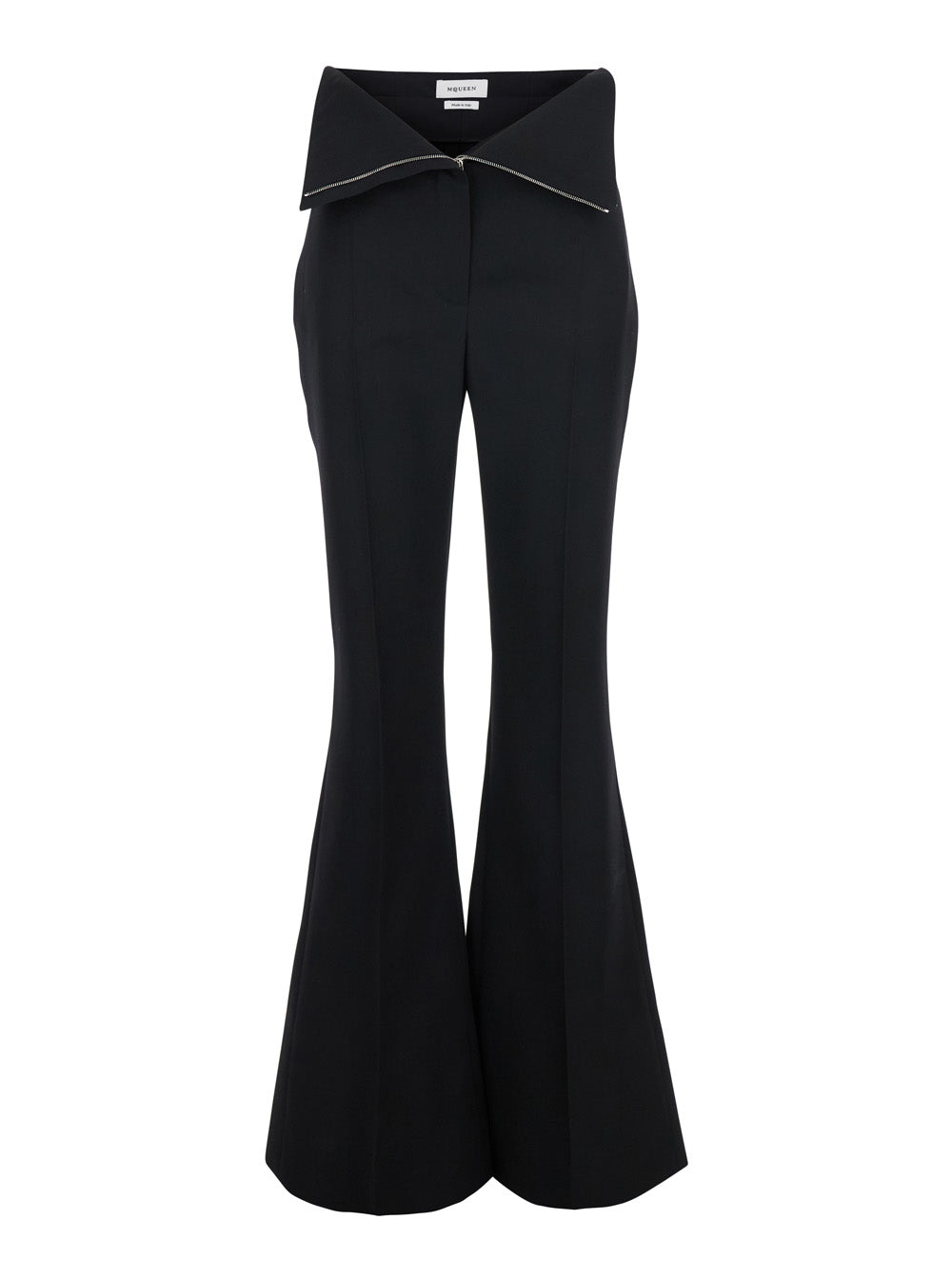 Alexander Mcqueen Women Black Flared Pants With Foldover Waist In Wool Woman