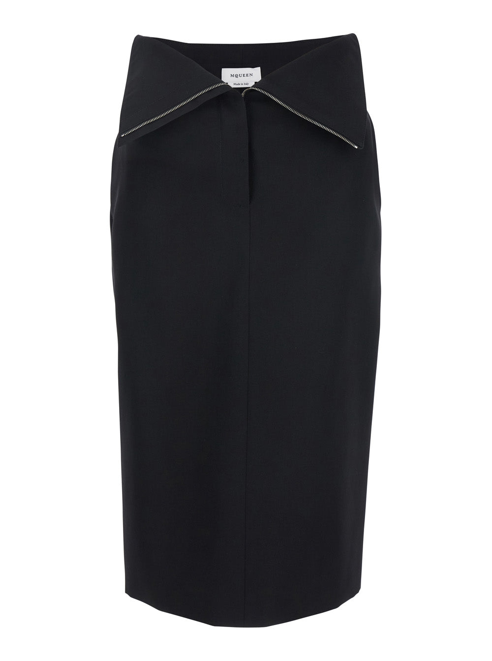 Alexander Mcqueen Women Black Skirt With Foldover Waist And Rear Single Slit In Wool Woman