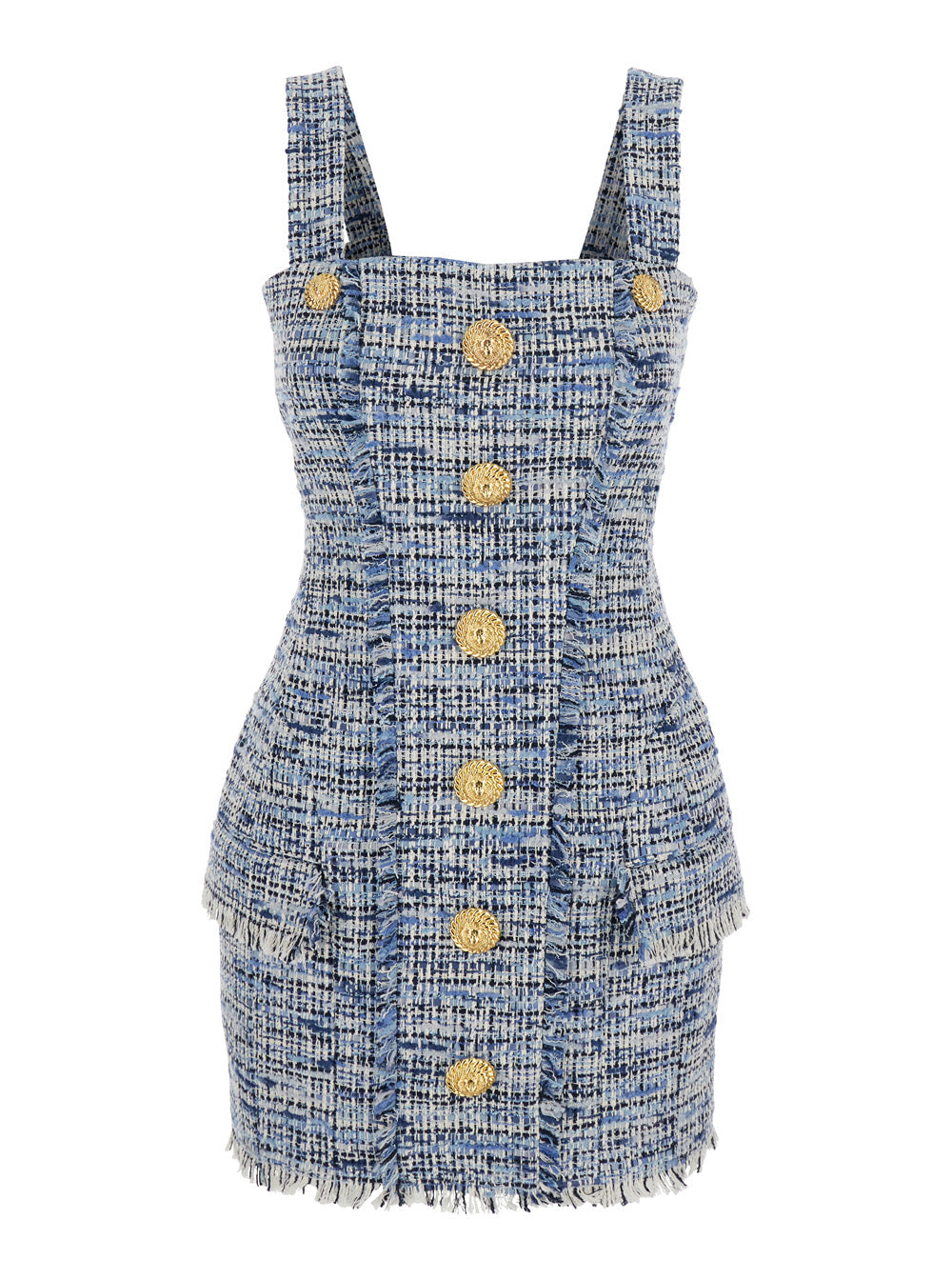 Balmain Women Blue Dress With Frayed Details In Tweed Woman
