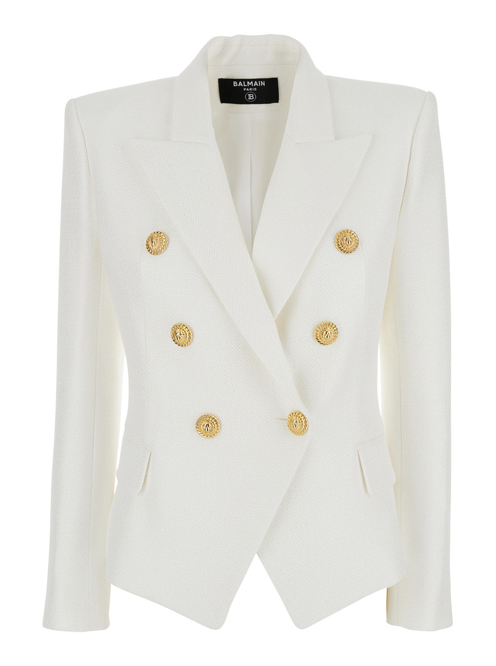 Balmain Women White Double-Breasted Jacket With Peak Lapels And Logo Buttons In Fabric Women