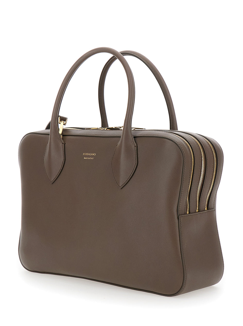 Bolsa feminina Ferragamo marrom com três zíperes e logo estampado na frente, em couro.