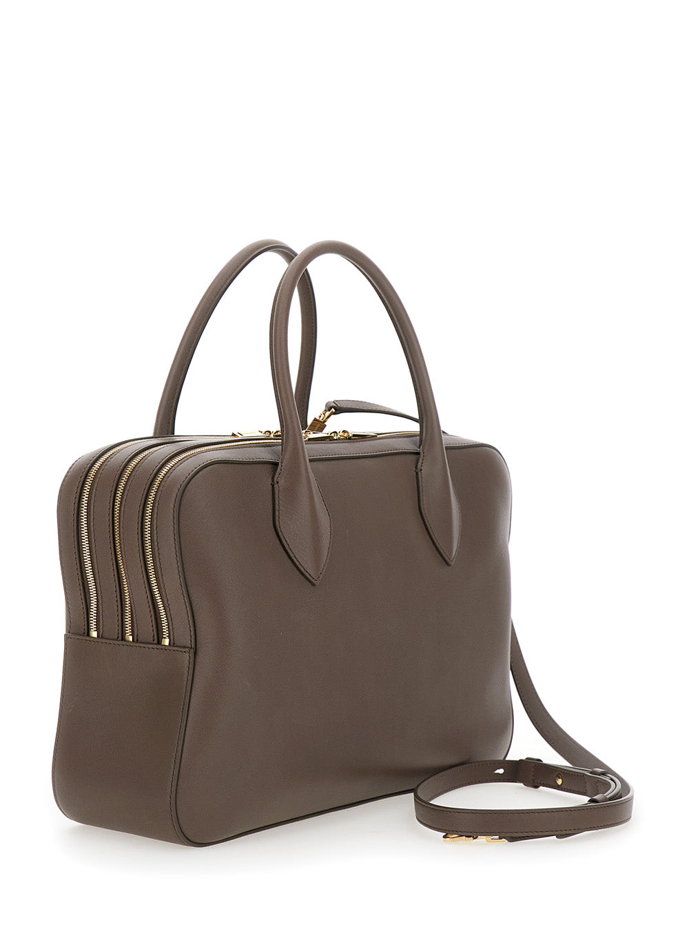 Bolsa feminina Ferragamo marrom com três zíperes e logo estampado na frente, em couro.