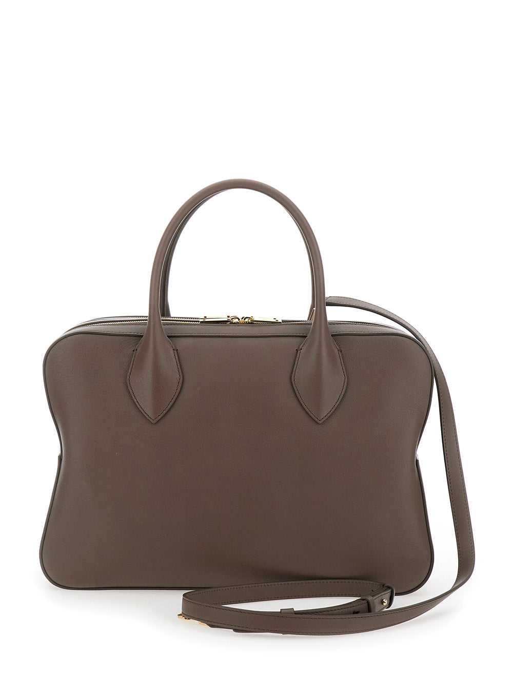 Bolsa feminina Ferragamo marrom com três zíperes e logo estampado na frente, em couro.