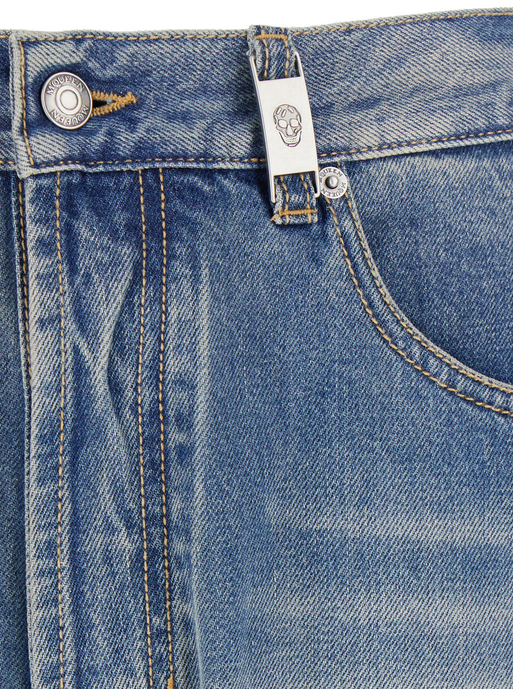 Alexander Mcqueen Men Blue High Waisted Jeans With Logo Detail On The Loop And Logo Patch On The Rear In Denim Man