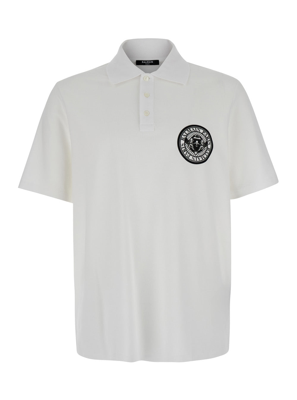 Balmain Men White Polo Shirt With Collar And Coin Print On The Front In Cotton Man