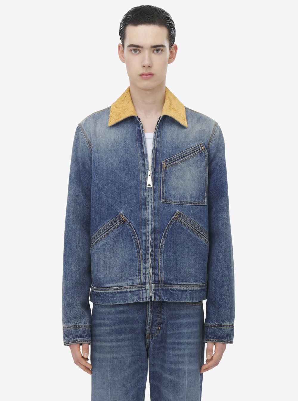 Alexander Mcqueen Men Blue Jacket With Classic Collar In Denim Man