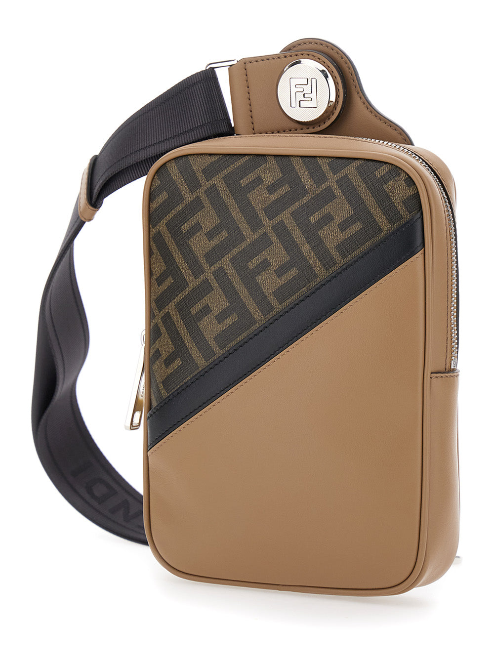 Fendi Men Brown Crossbody Bag With Logo Plaque On The Front And Shoulder Strap In Ff Canvas And Leather Woman