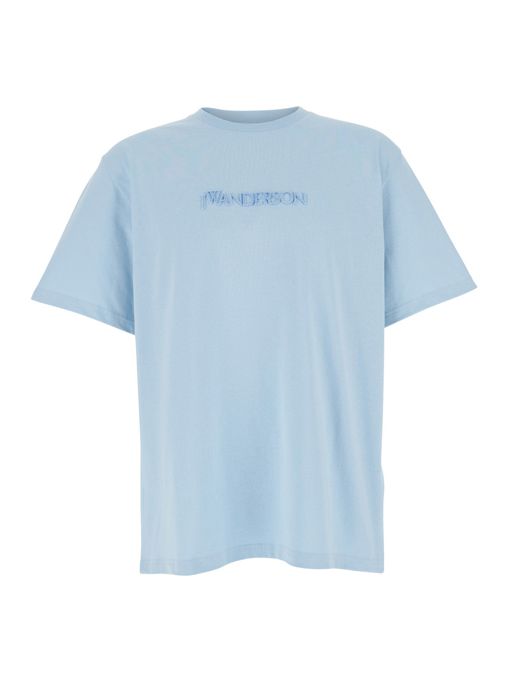 Jw Anderson Men Light Blue Crewneck T-Shirt With Logo Embroidery On The Front In Cotton Man