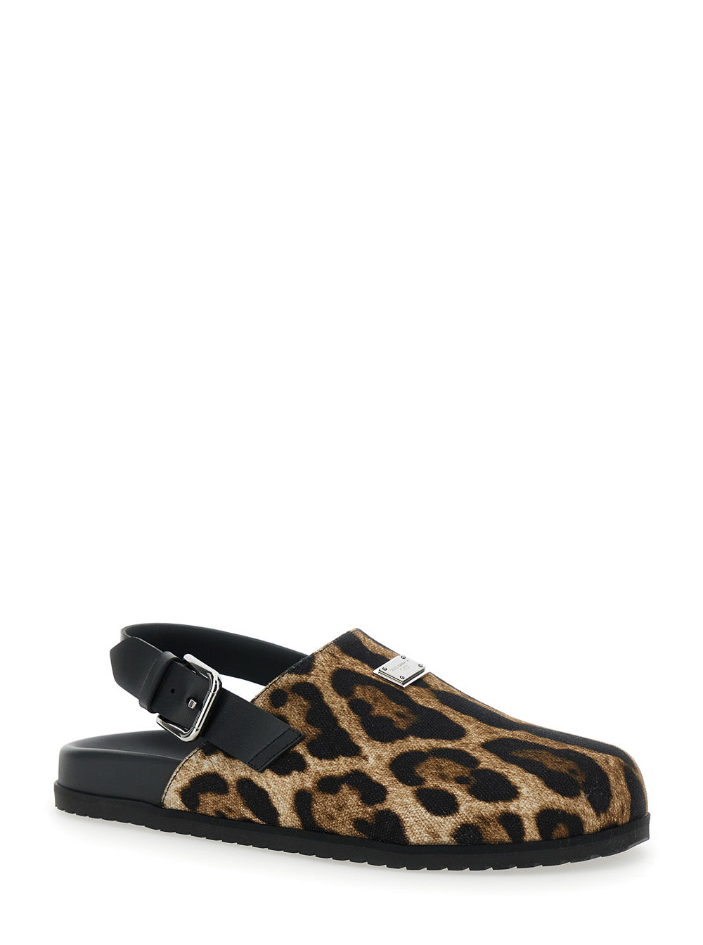 Dolce & Gabbana Men Brown Mules With Logo Plaque On The Front And Leopard Motif In Leather And Cotton Blend Man