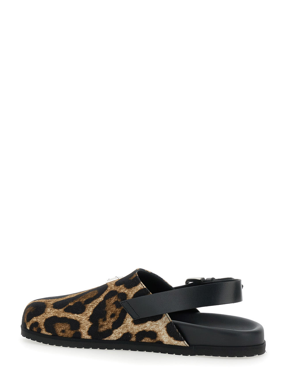 Dolce & Gabbana Men Brown Mules With Logo Plaque On The Front And Leopard Motif In Leather And Cotton Blend Man