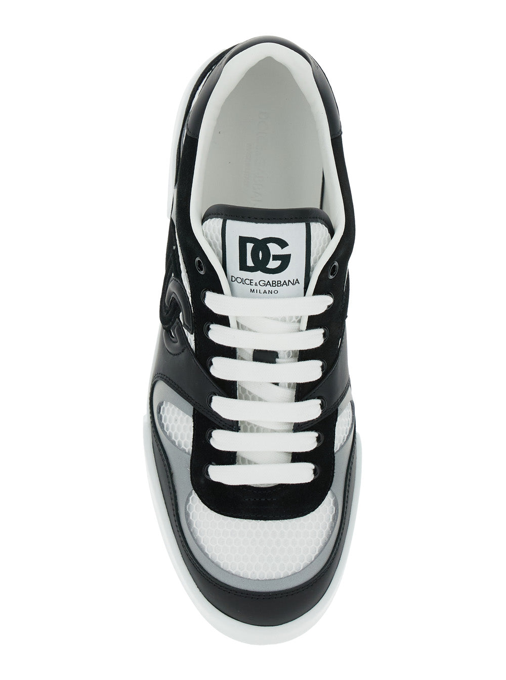 Dolce & Gabbana Men 'Portofino' Black And White Sneakers With Logo Patch On The Tongue And Logo Detail On The Side In Leather Blend Man