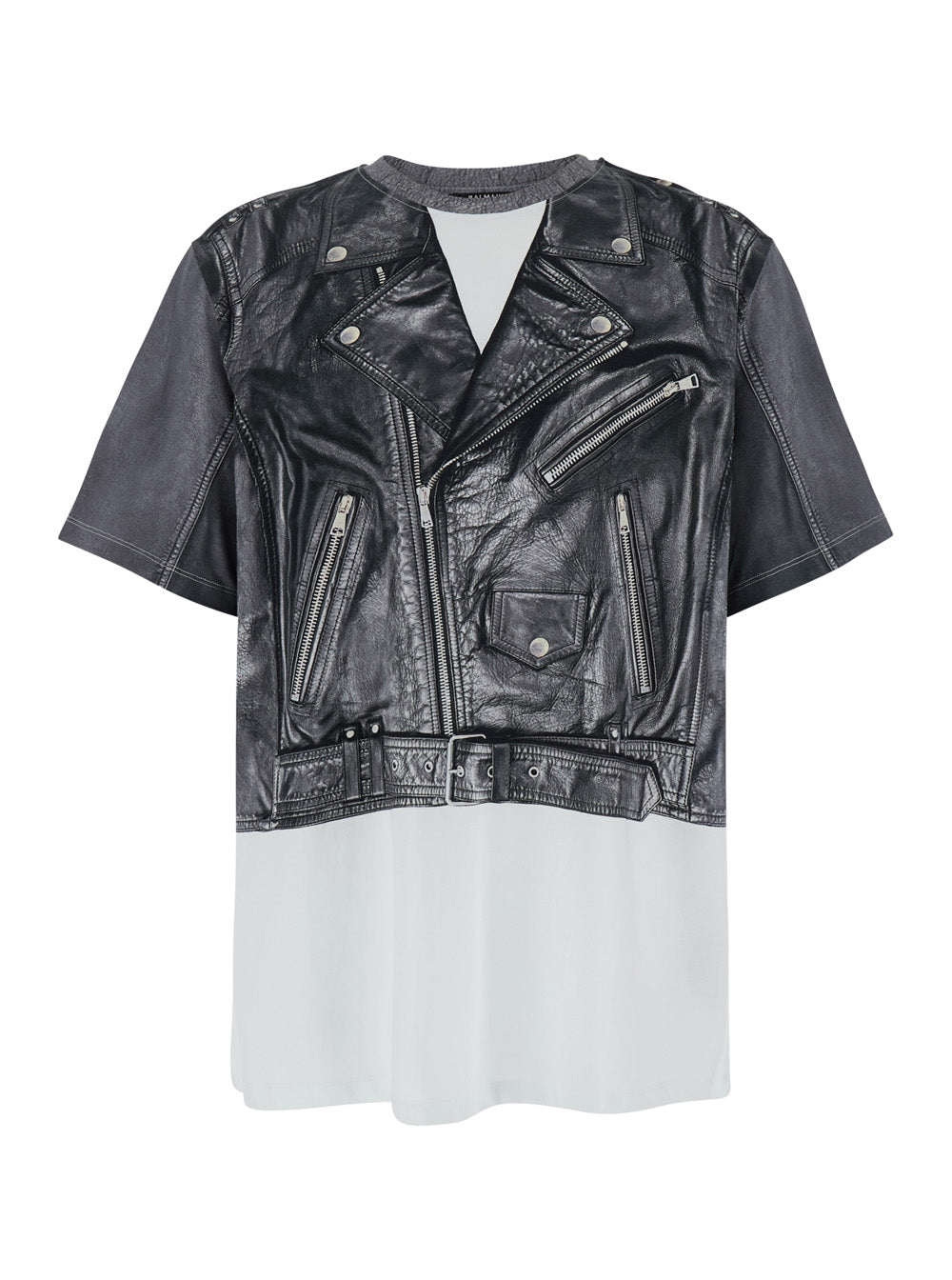 Balmain Men Black And White Crewneck T-Shirt With Layered Design In Cotton Man