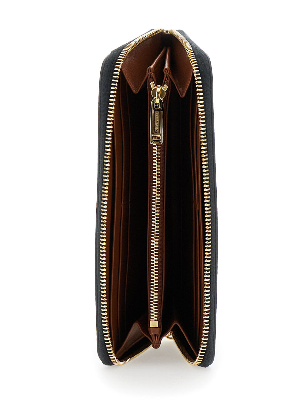 Carteira feminina Ferragamo 'Continental' preta com logotipo na frente em couro.