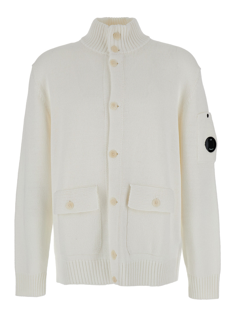 C.P. Company Men White Cardigan With High Neck And Lens Motif Applied On The Sleeve In Cotton Man