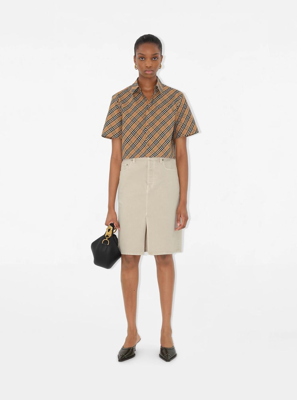Burberry Women Beige Crop Shirt With All-Over Check Motif In Cotton Woman