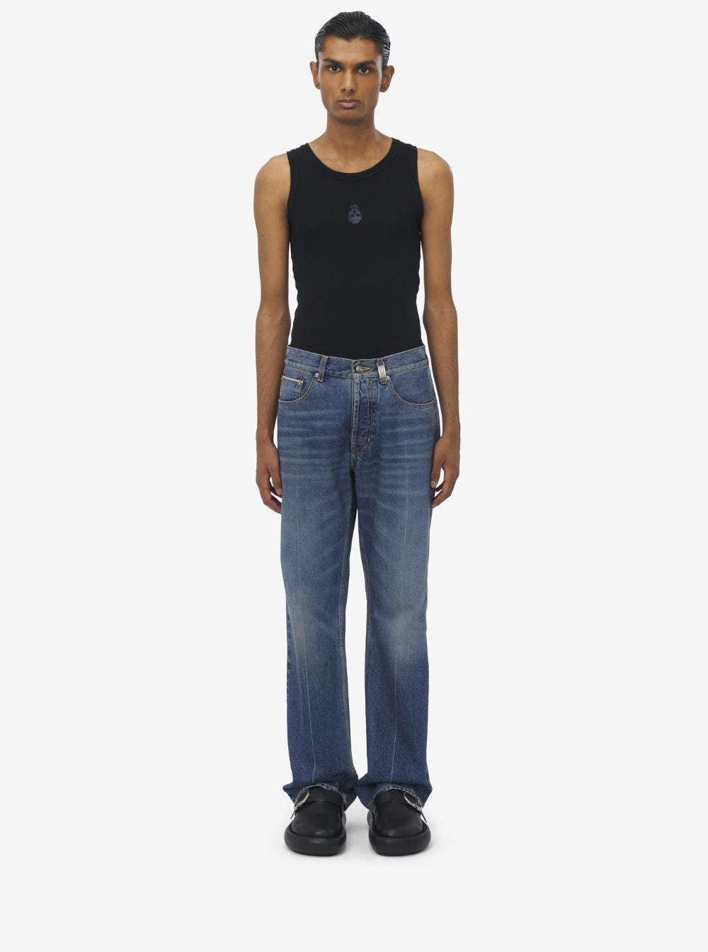 Alexander Mcqueen Men Blue High Waisted Jeans With Logo Detail On The Loop And Logo Patch On The Rear In Denim Man