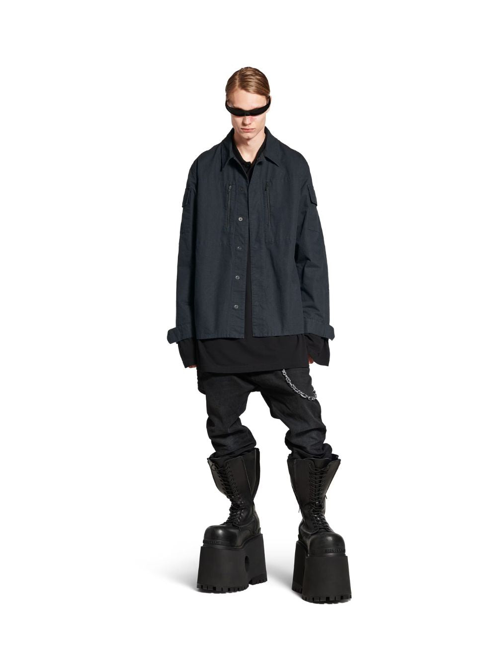Balenciaga Men Dark Gray Shirt With Patched Chest Pockets In Ripstop Cotton Man