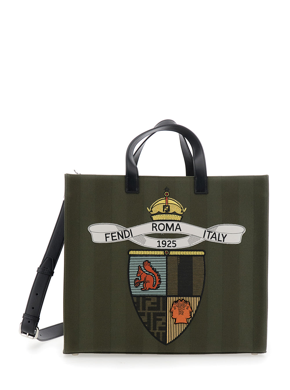 Fendi Men Green Shopper With Vertical Stripes Motif And Fendi Club Patch On The Front In Canvas Man