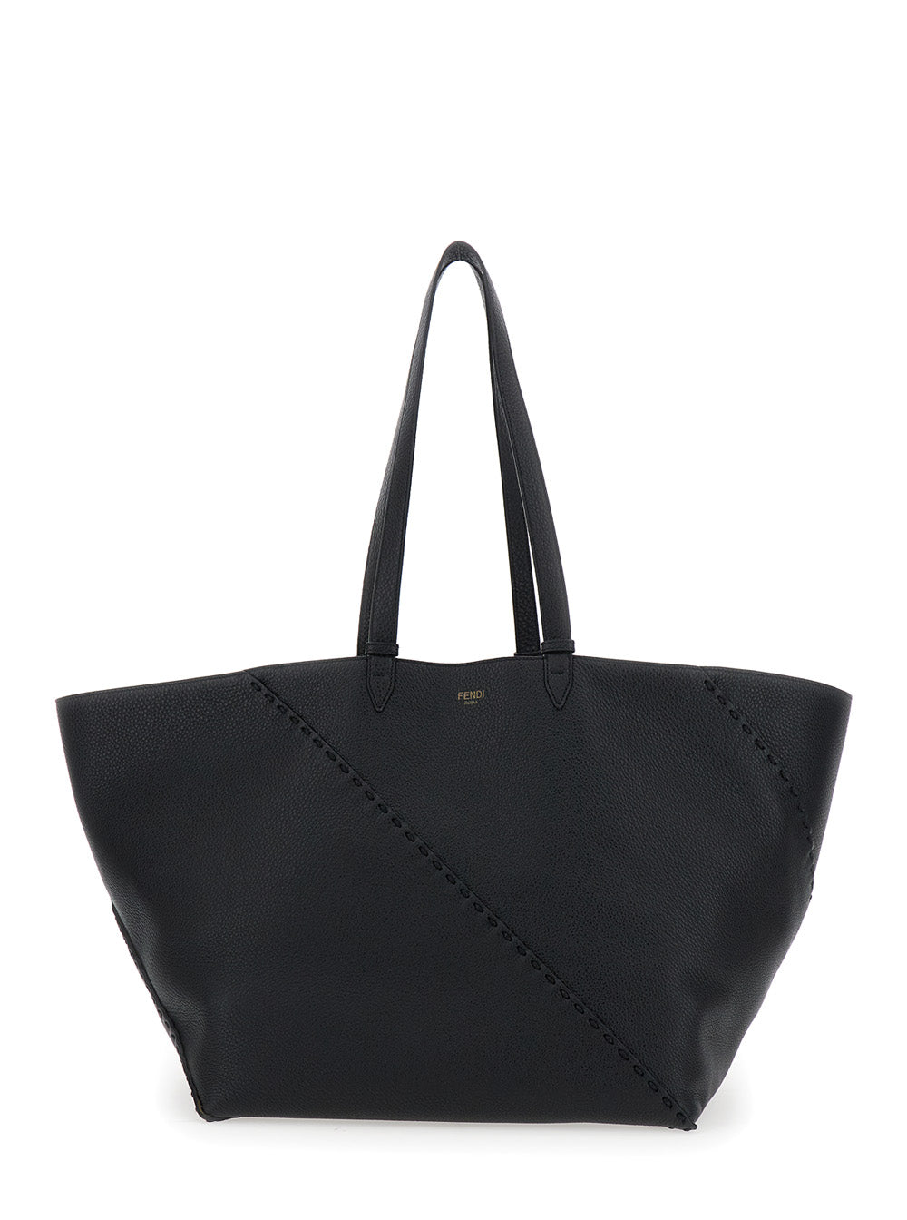 Fendi Men 'Selleria' Black Shopper With Logo On The Front And Removable Pouch In Hammered Leather Man