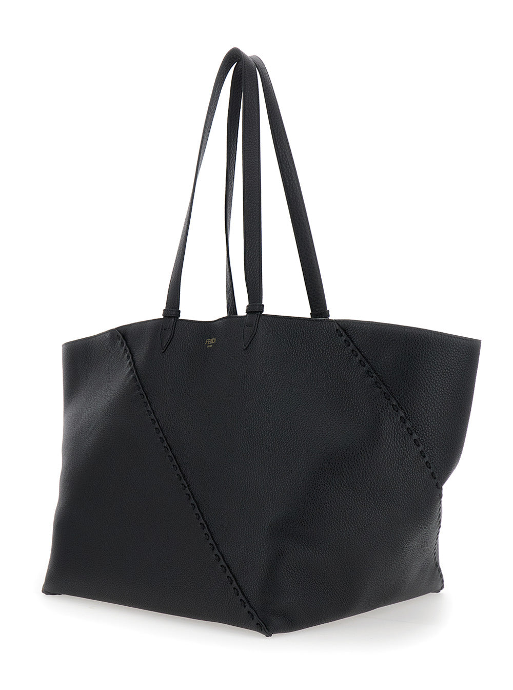 Fendi Men 'Selleria' Black Shopper With Logo On The Front And Removable Pouch In Hammered Leather Man