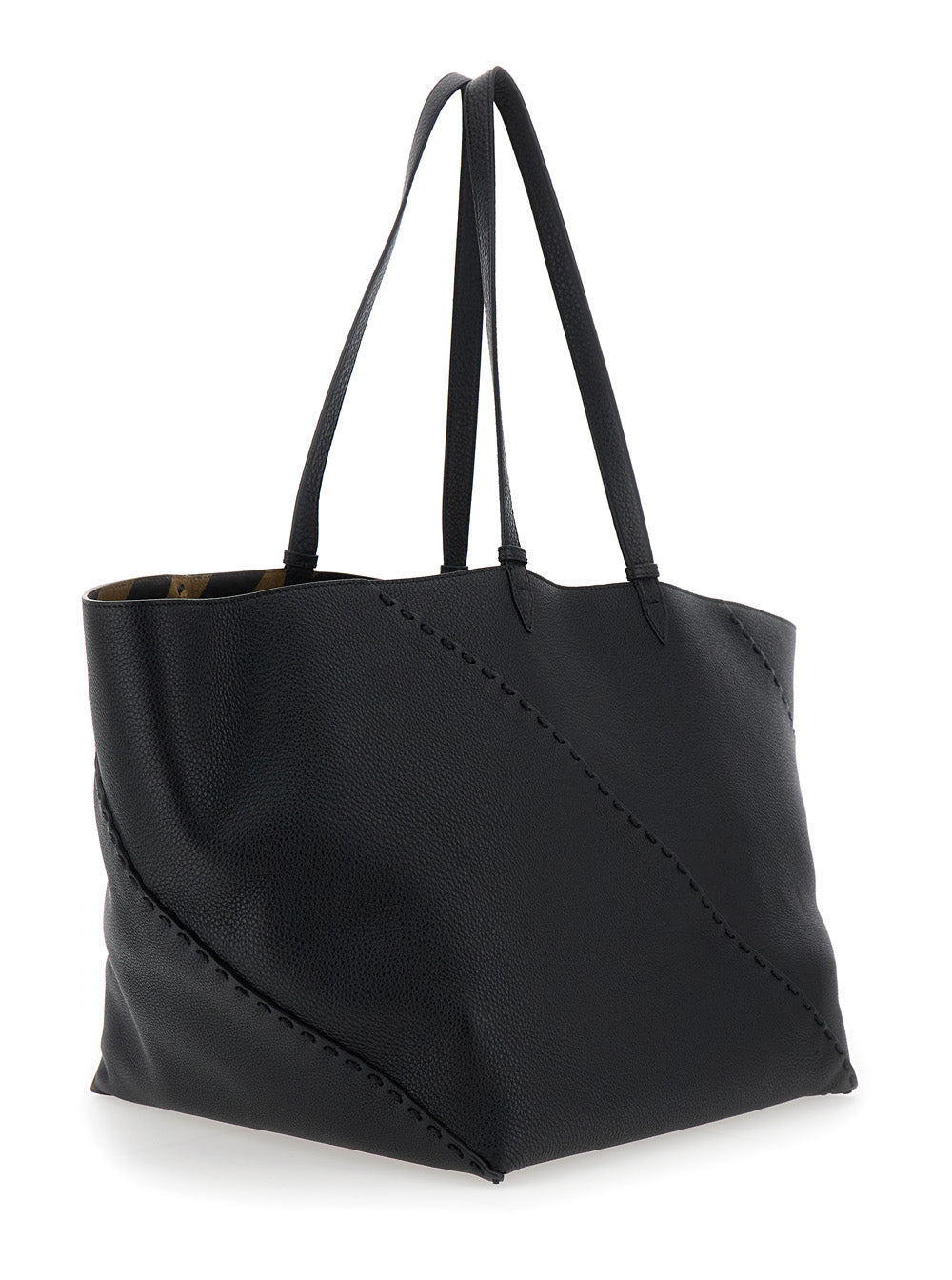 Fendi Men 'Selleria' Black Shopper With Logo On The Front And Removable Pouch In Hammered Leather Man