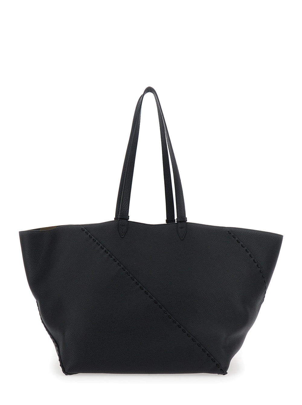 Fendi Men 'Selleria' Black Shopper With Logo On The Front And Removable Pouch In Hammered Leather Man