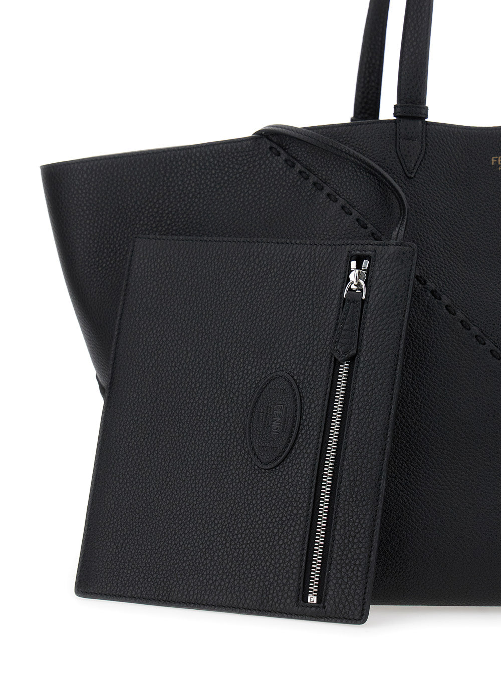 Fendi Men 'Selleria' Black Shopper With Logo On The Front And Removable Pouch In Hammered Leather Man