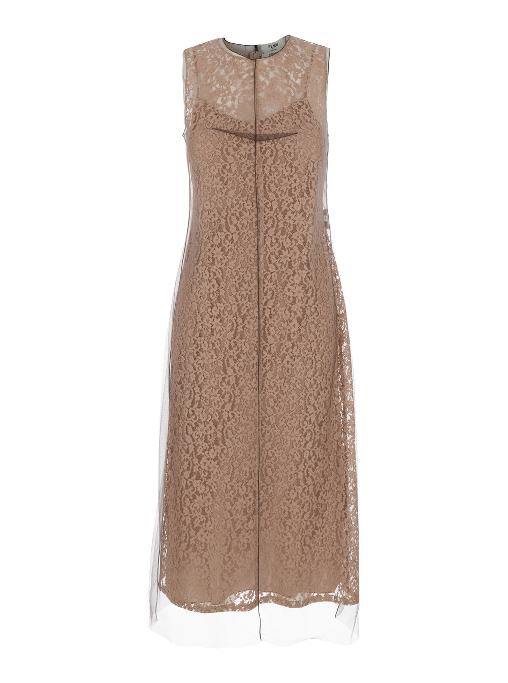 Fendi Women Beige Sleeveless Crewneck Dress With Floral Embroidery In Lace Woman