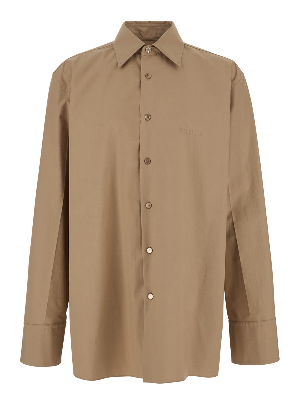 Gucci Men Beige Shirt With Classic Collar And Tonal Logo Lettering Embroidery On The Front In Cotton Man