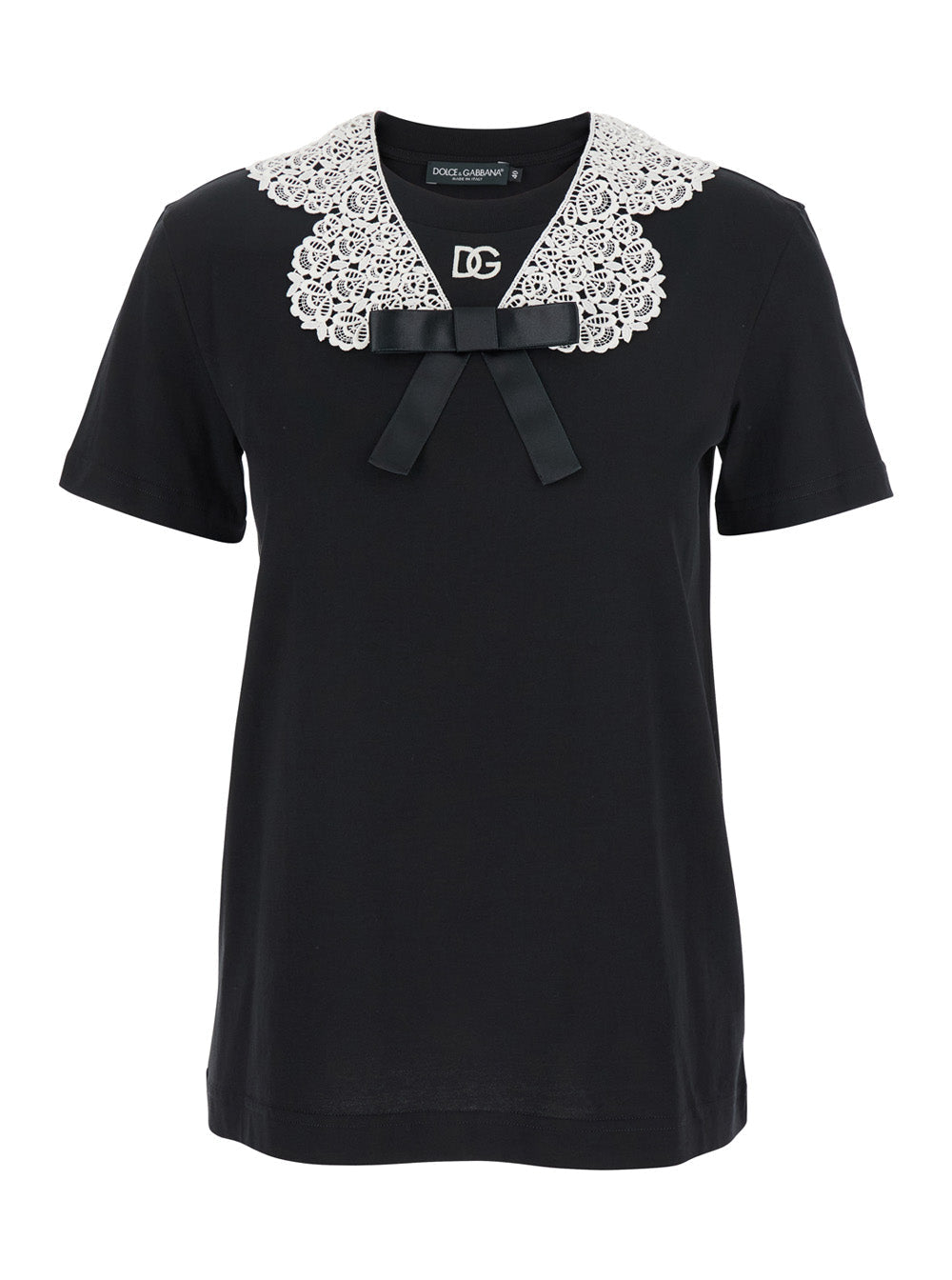 Dolce & Gabbana Women Black T-Shirt With Bow On The Front And Lace Details In Cotton Woman