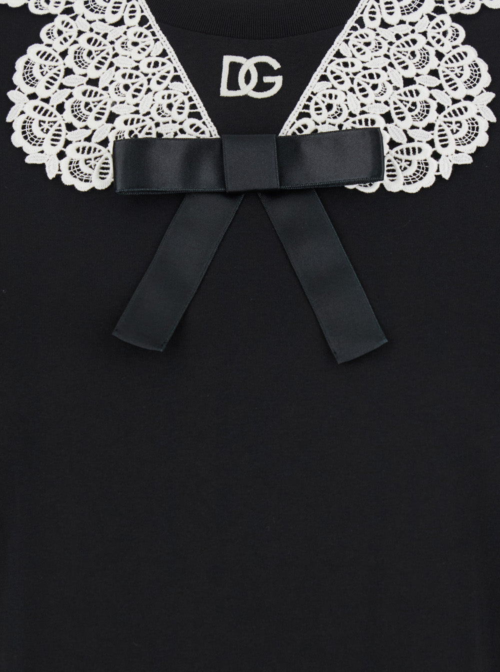 Dolce & Gabbana Women Black T-Shirt With Bow On The Front And Lace Details In Cotton Woman