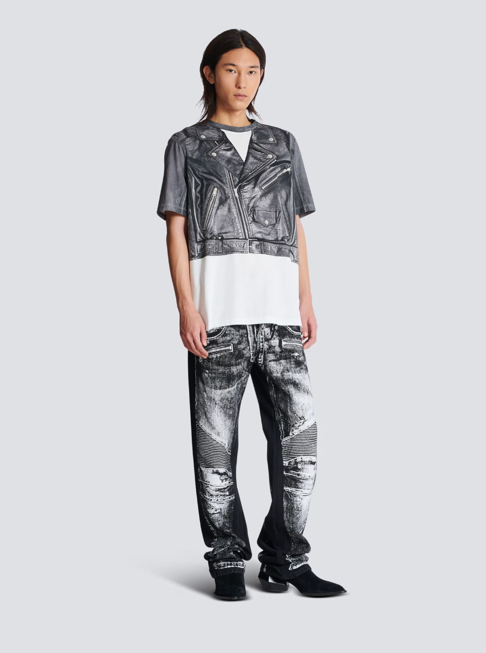 Balmain Men Black And White Crewneck T-Shirt With Layered Design In Cotton Man