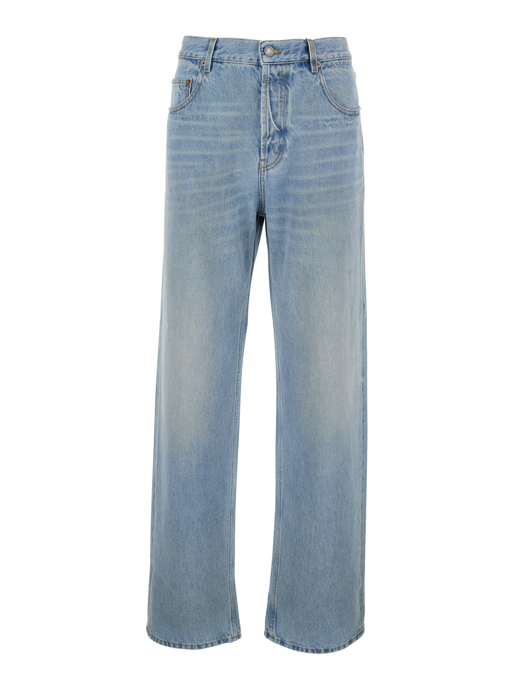 Saint Laurent Men Light Blue Five Pocket Jeans With Logo Patch On The Back In Denim Man