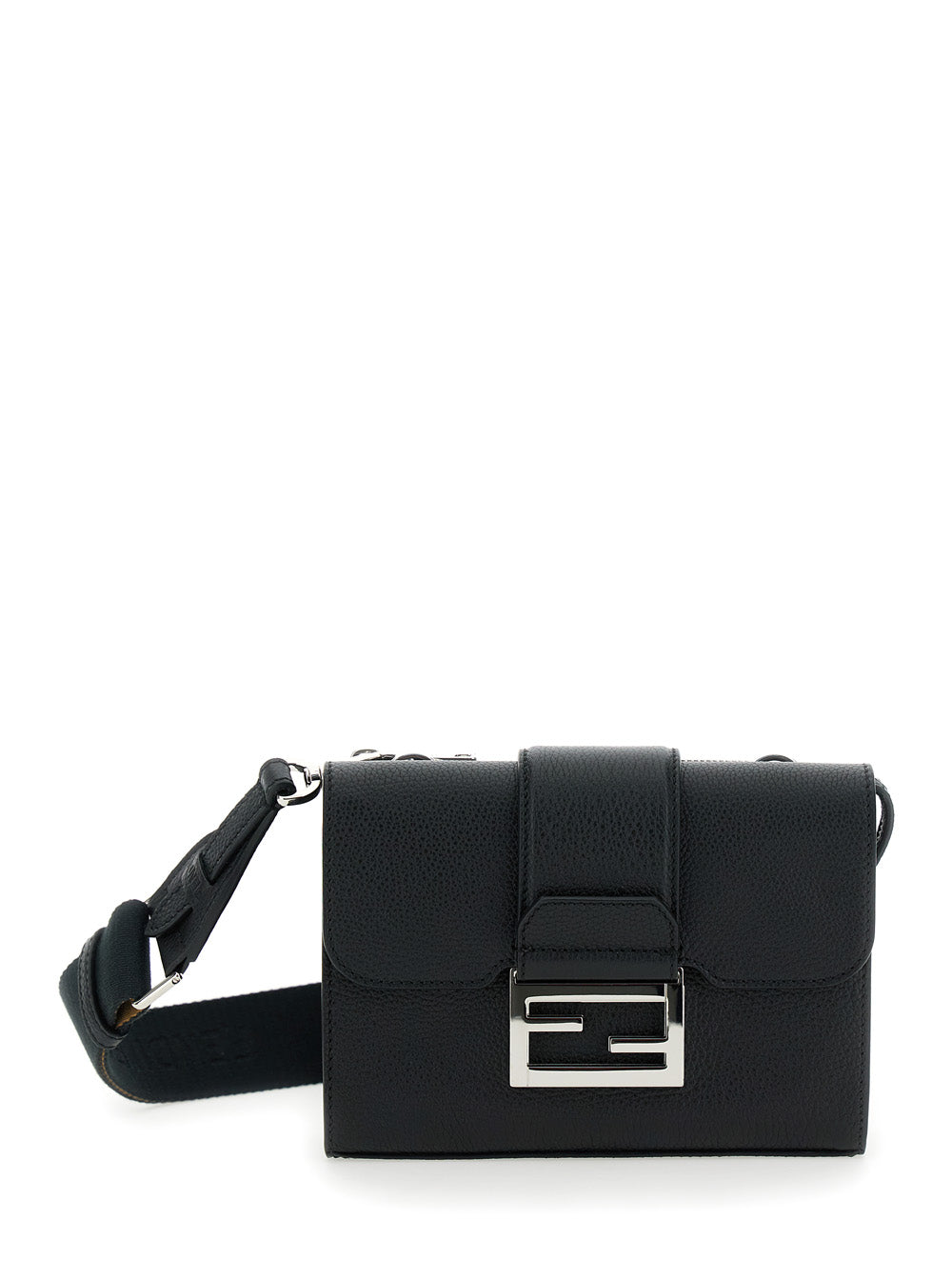 Fendi Men 'Baguette Double' Black Crossbody Bag With Ff Plaque On The Front In Hammered Leather Woman