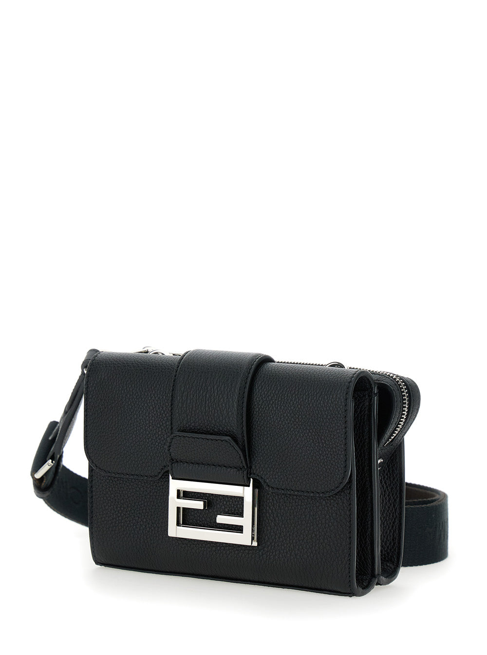 Fendi Men 'Baguette Double' Black Crossbody Bag With Ff Plaque On The Front In Hammered Leather Woman