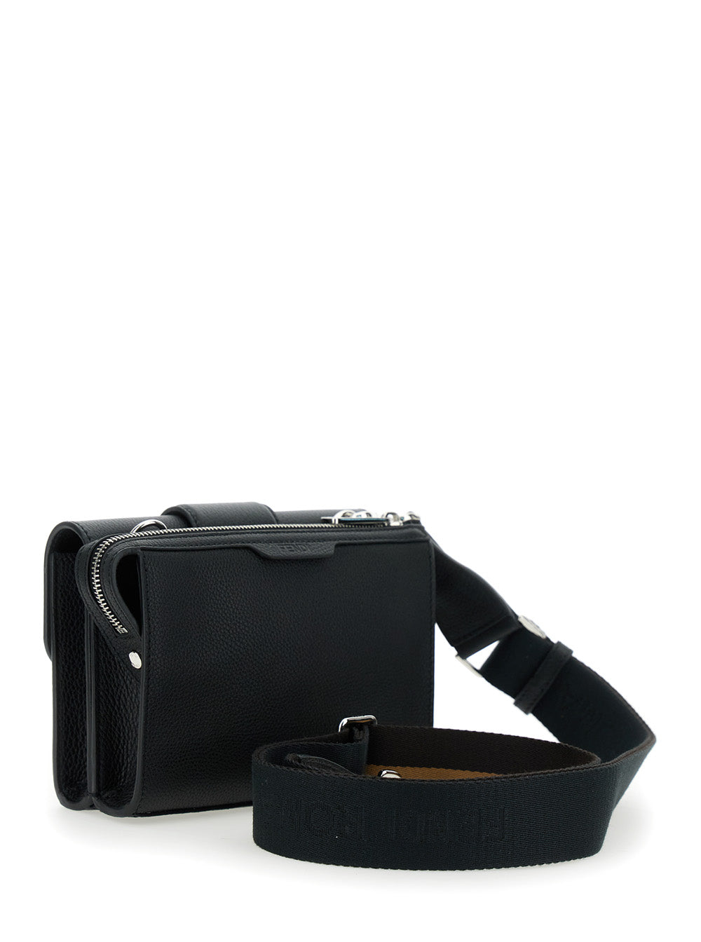 Fendi Men 'Baguette Double' Black Crossbody Bag With Ff Plaque On The Front In Hammered Leather Woman