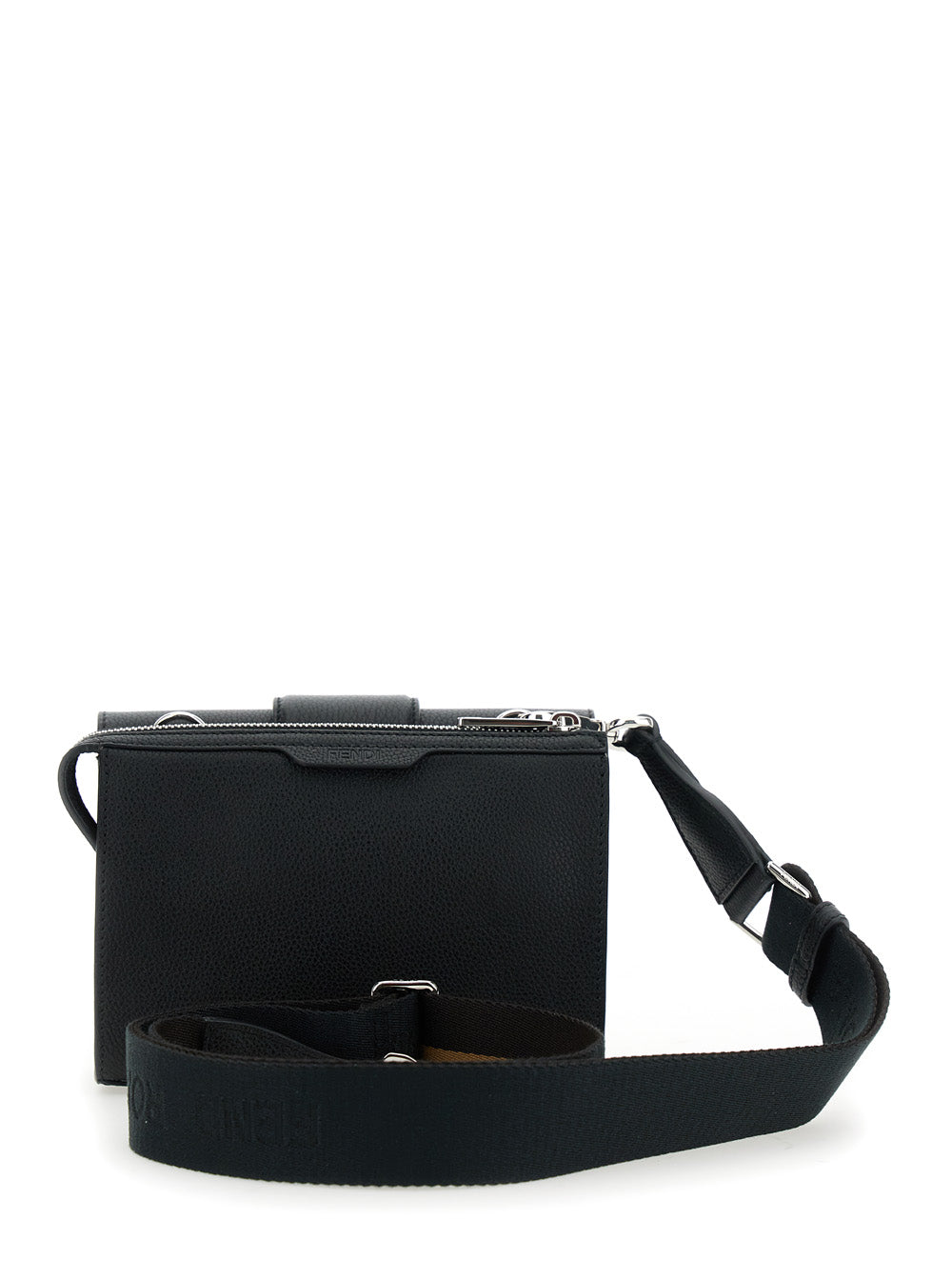 Fendi Men 'Baguette Double' Black Crossbody Bag With Ff Plaque On The Front In Hammered Leather Woman