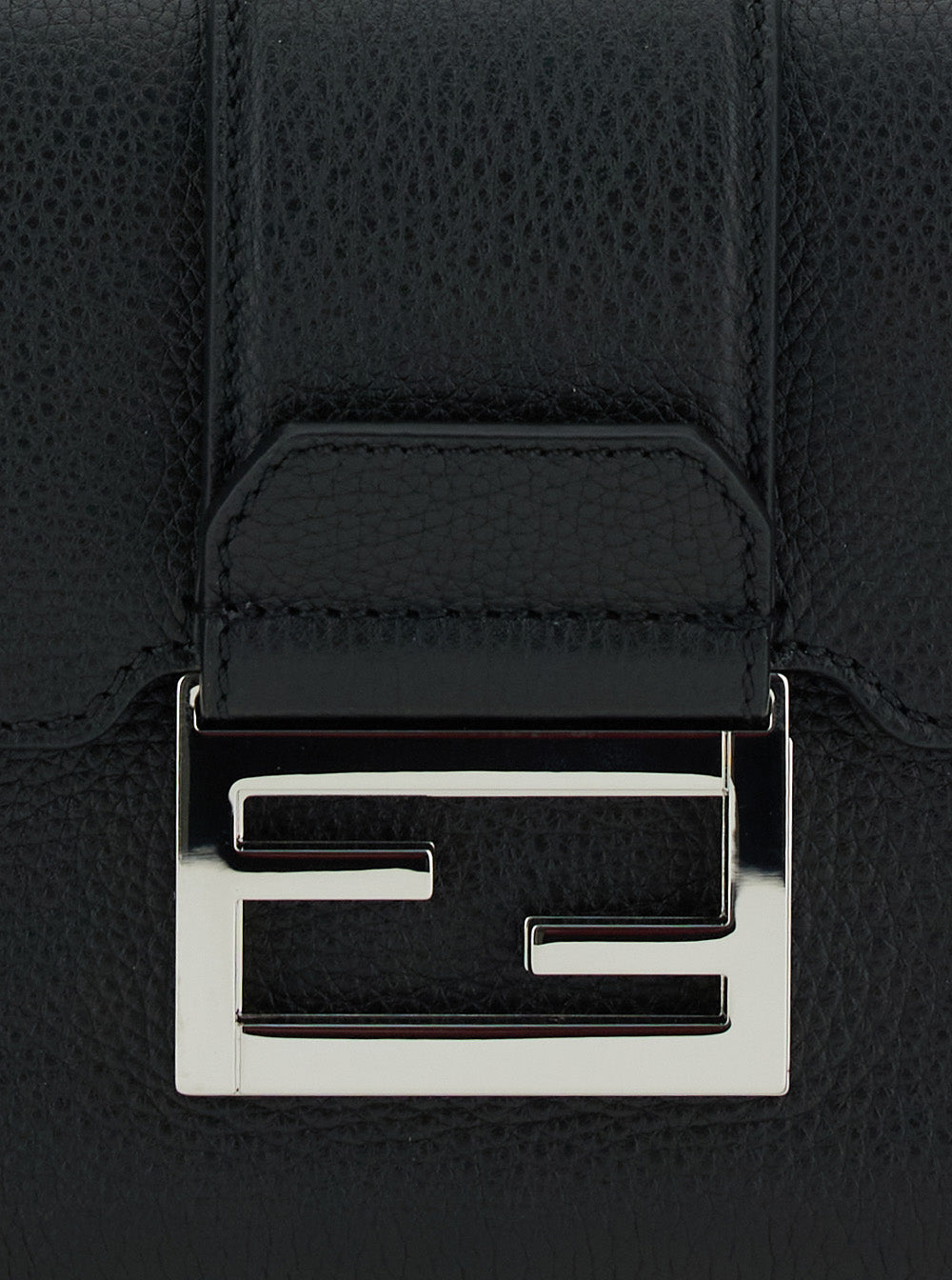 Fendi Men 'Baguette Double' Black Crossbody Bag With Ff Plaque On The Front In Hammered Leather Woman