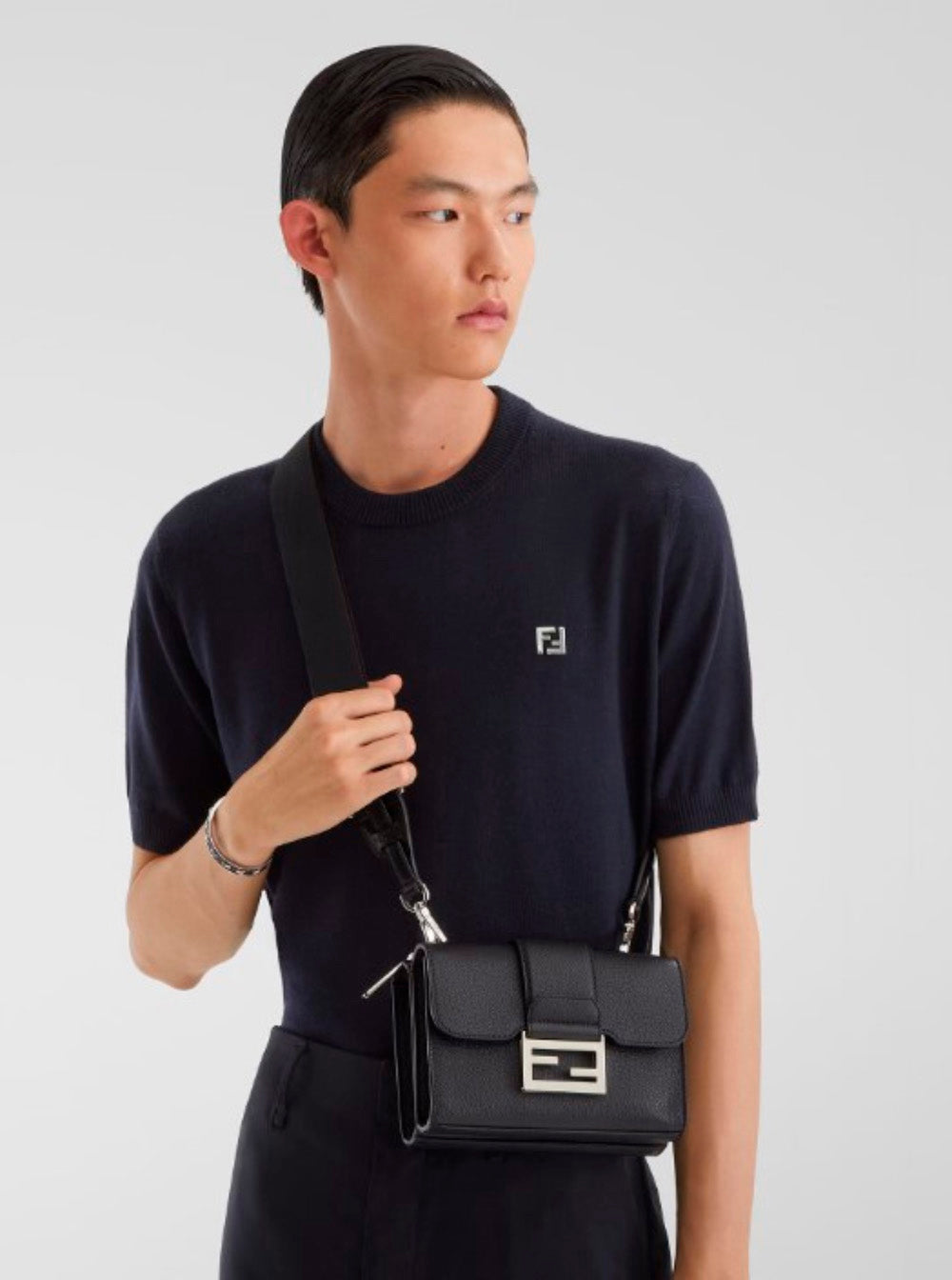 Fendi Men 'Baguette Double' Black Crossbody Bag With Ff Plaque On The Front In Hammered Leather Woman