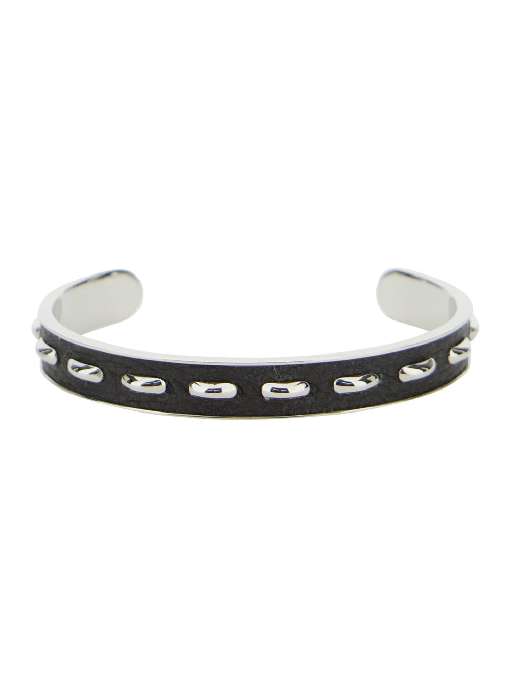 Fendi Men Silver-Colored Bracelet With Leather Details And Open Design In Brass Man