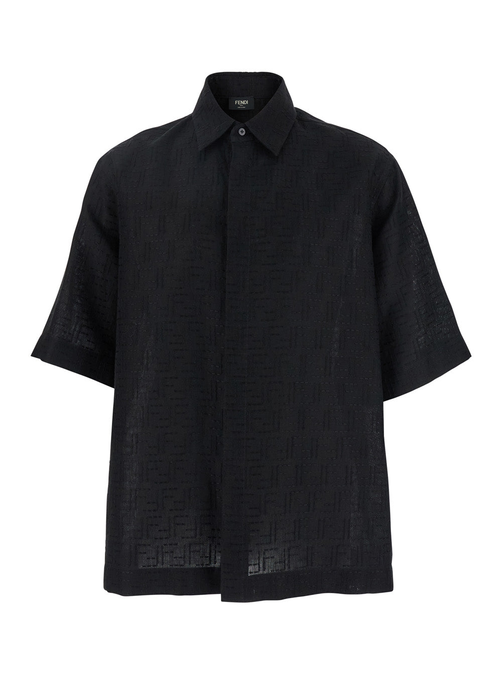 Fendi Men Black Oversize Shirt With Short Wide Sleeves And All-Over Ff Embroidery In Linen Blend Man