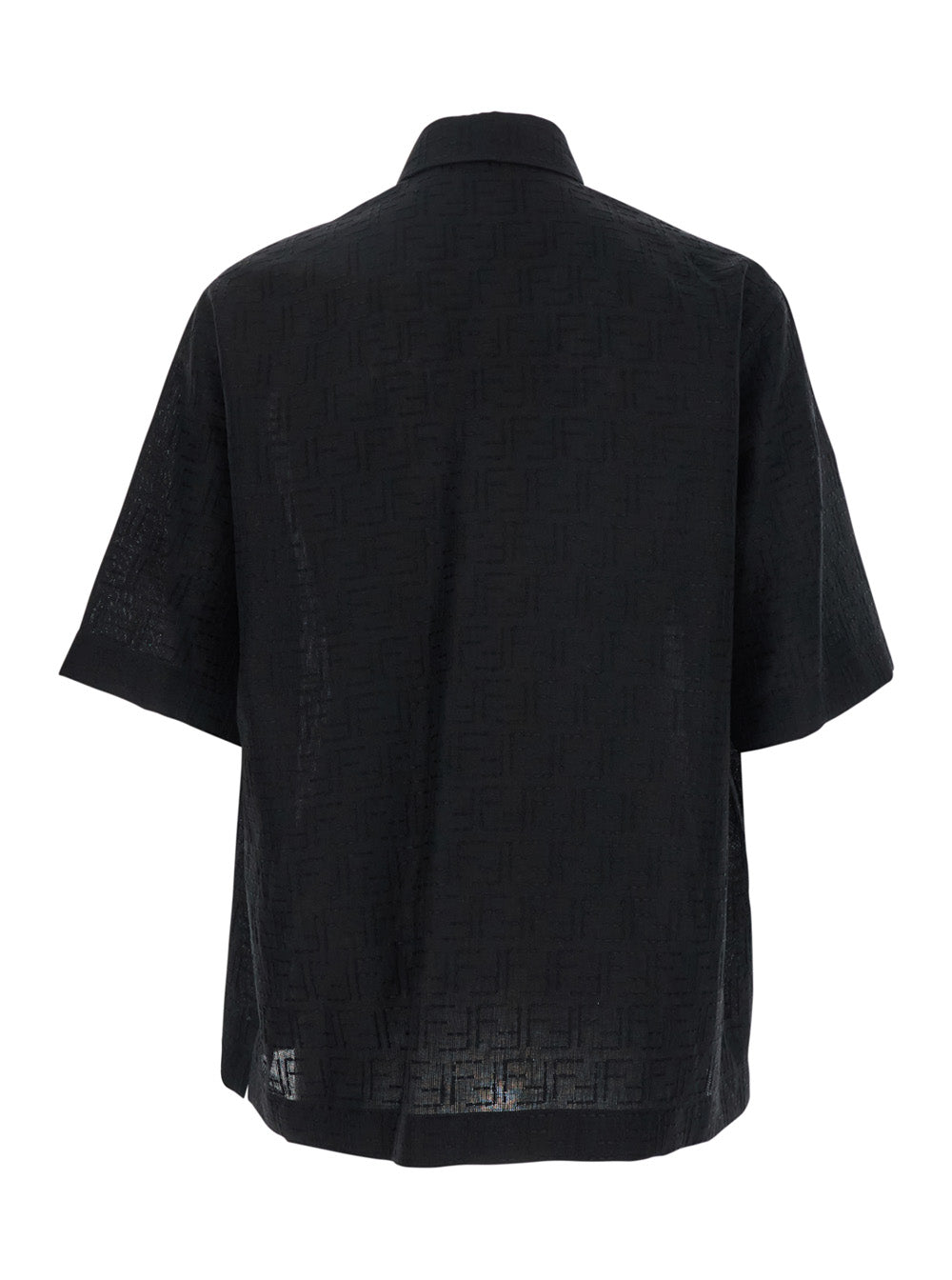 Fendi Men Black Oversize Shirt With Short Wide Sleeves And All-Over Ff Embroidery In Linen Blend Man