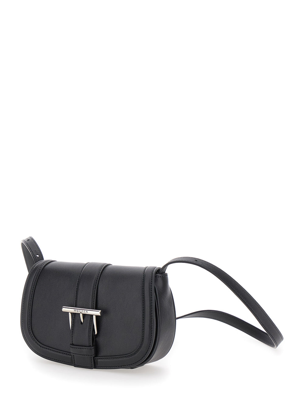 Alexander Mcqueen Women 'Satchel Mini' Black Crossbody Bag With T-Buckle And Embossed Logo In Leather Woman