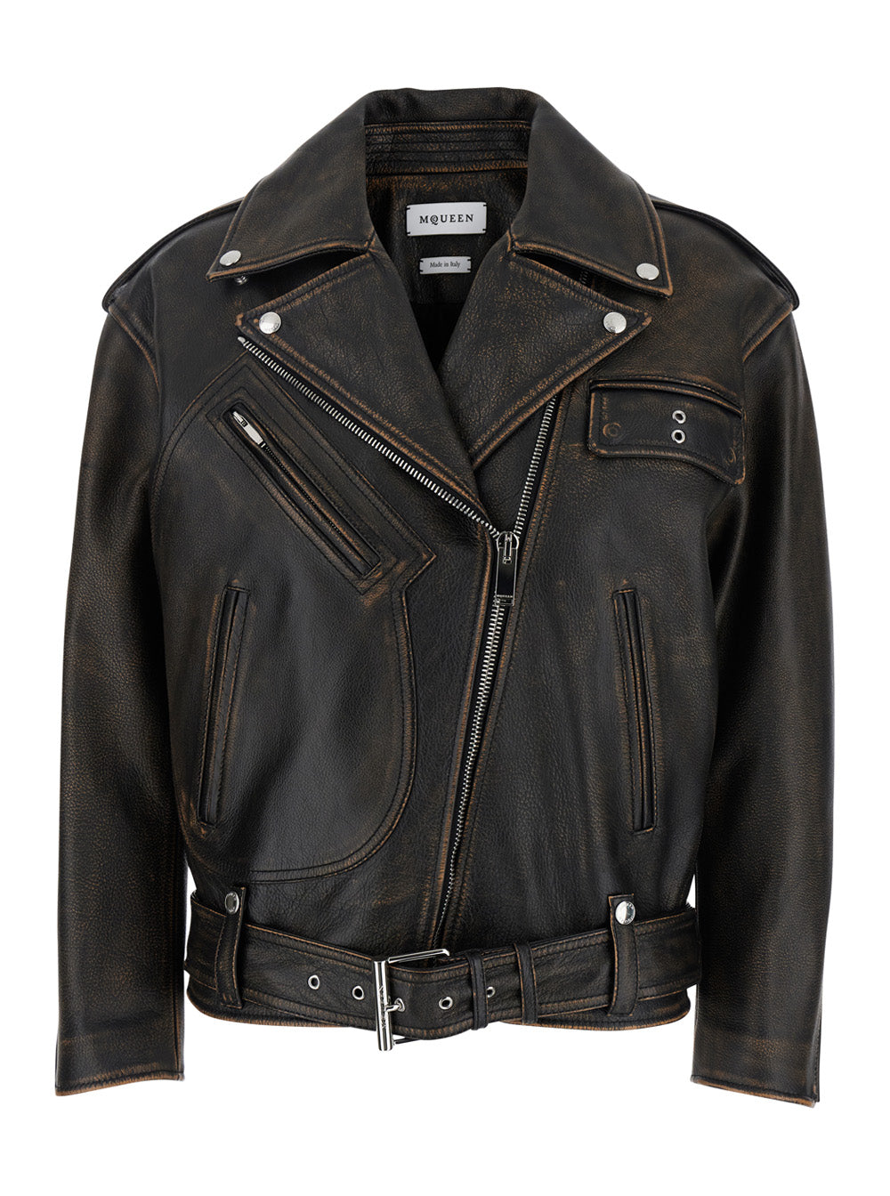 Alexander Mcqueen Women Antiqued Brown Biker Jacket With Wide Classic Lapels And Decentralized Zip Closure In Leather Woman