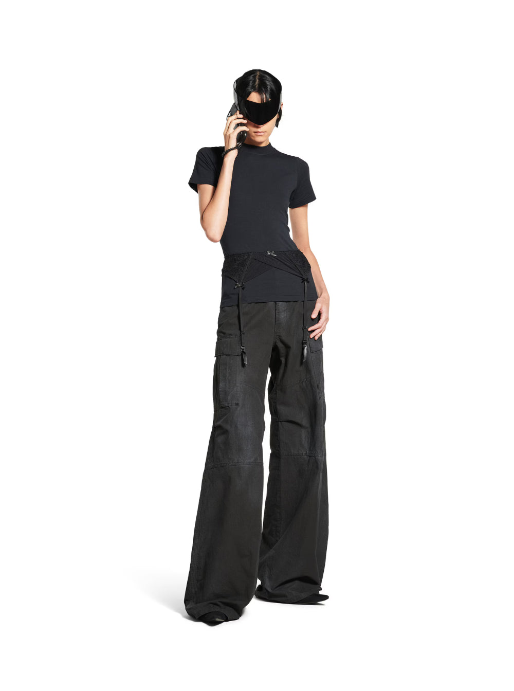 Balenciaga Women Black Crewneck T-Shirt With Underwear Detail On The Waist In Cotton Woman