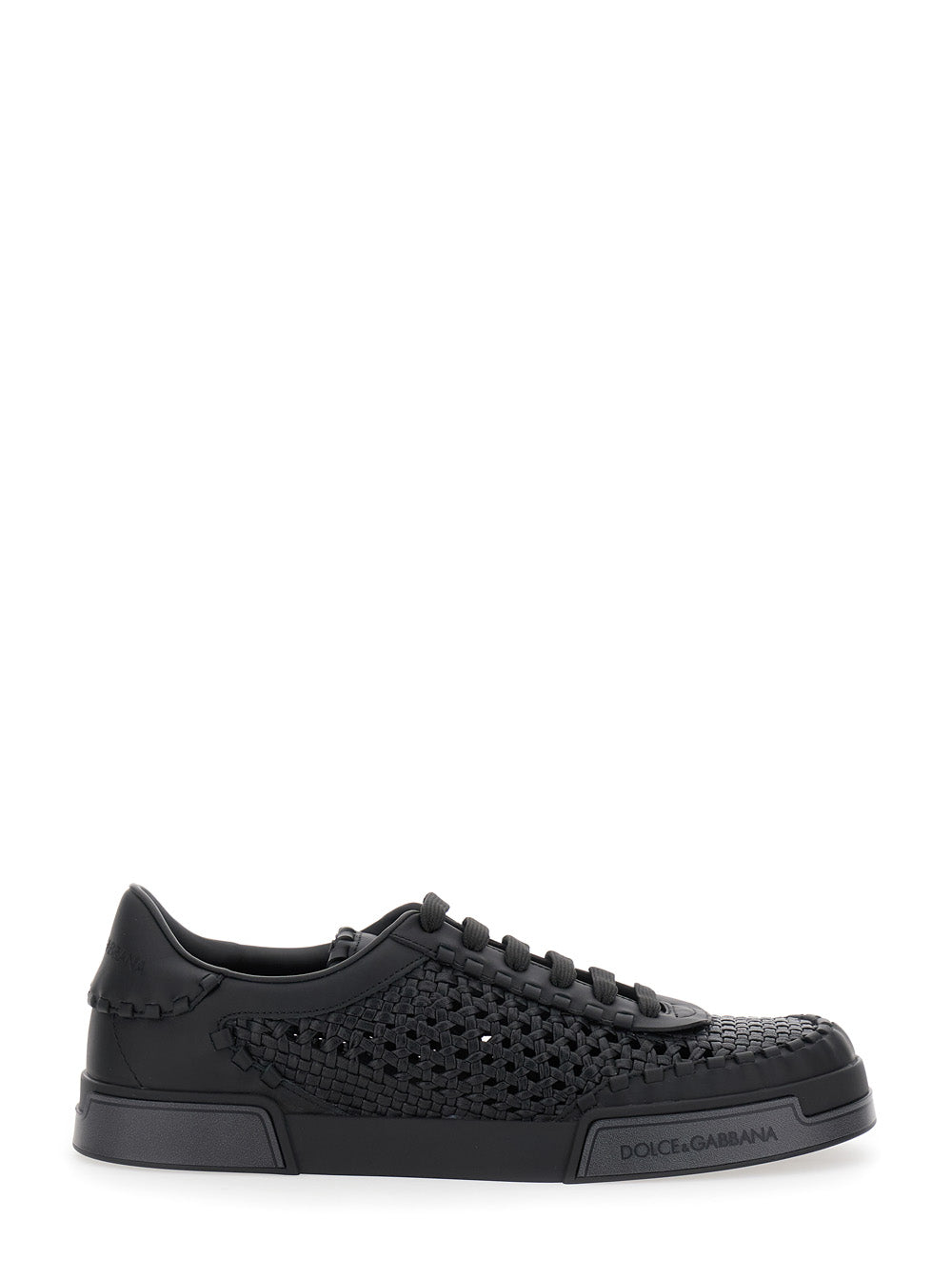 Dolce & Gabbana Men 'Portofino' Black Sneakers With Mesh Inserts And Embossed Logo On The Side In Leather Man