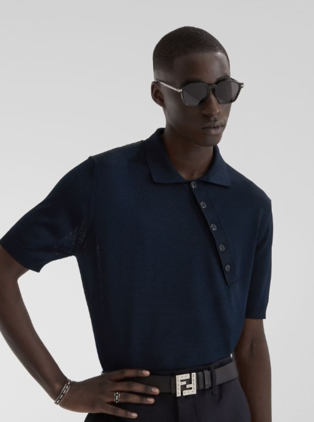 Fendi Men Silver-Colored Bracelet With Leather Details And Open Design In Brass Man