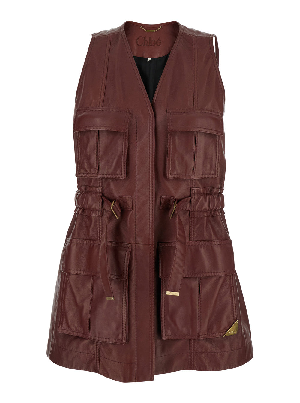 Chloé Women Bordeaux Vest With V Neck And Adjustable Belt In Leather Woman