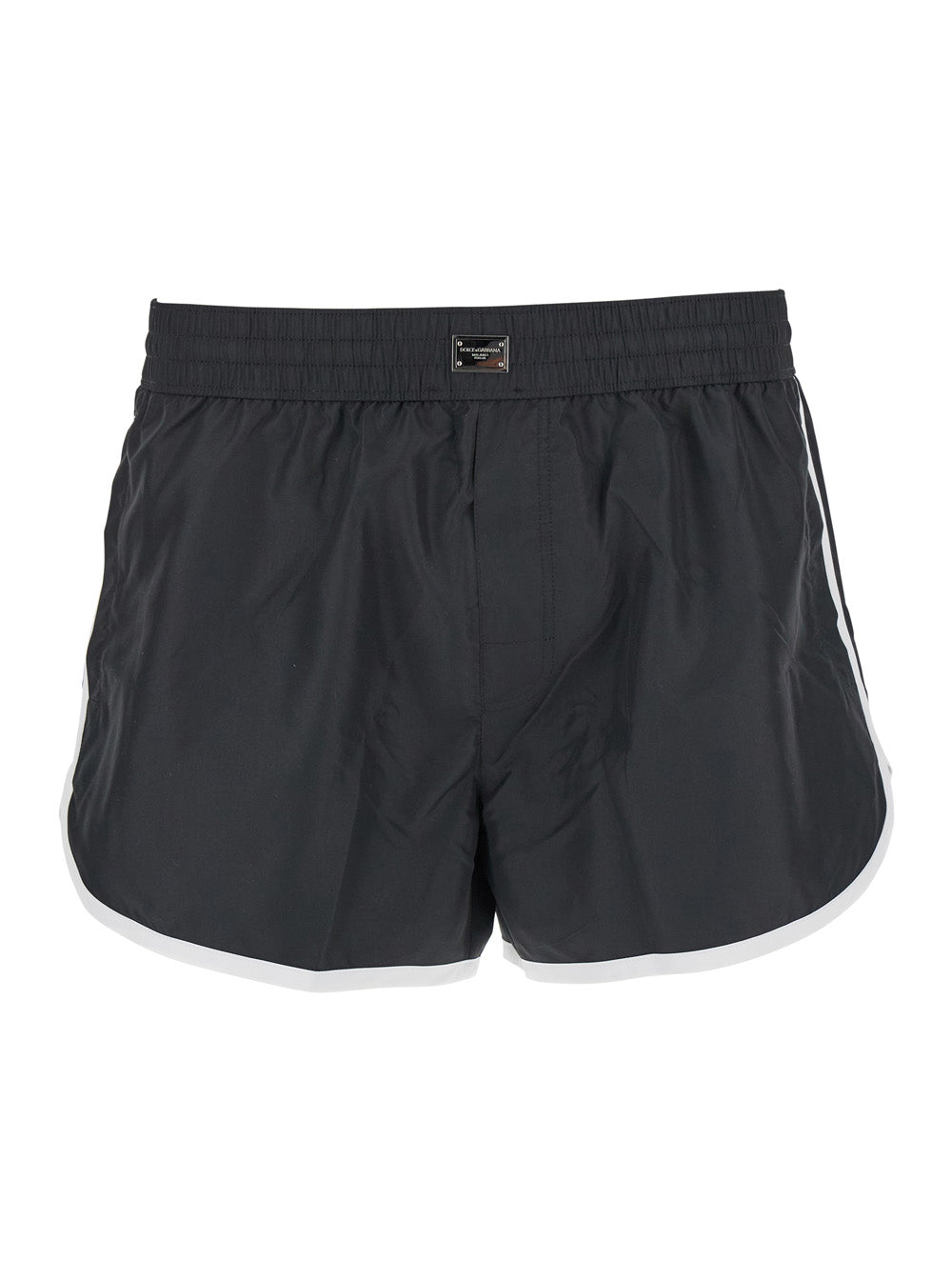 Dolce & Gabbana Men Black Swimsuit With Logo Plate On The Front In Tech Fabric Man